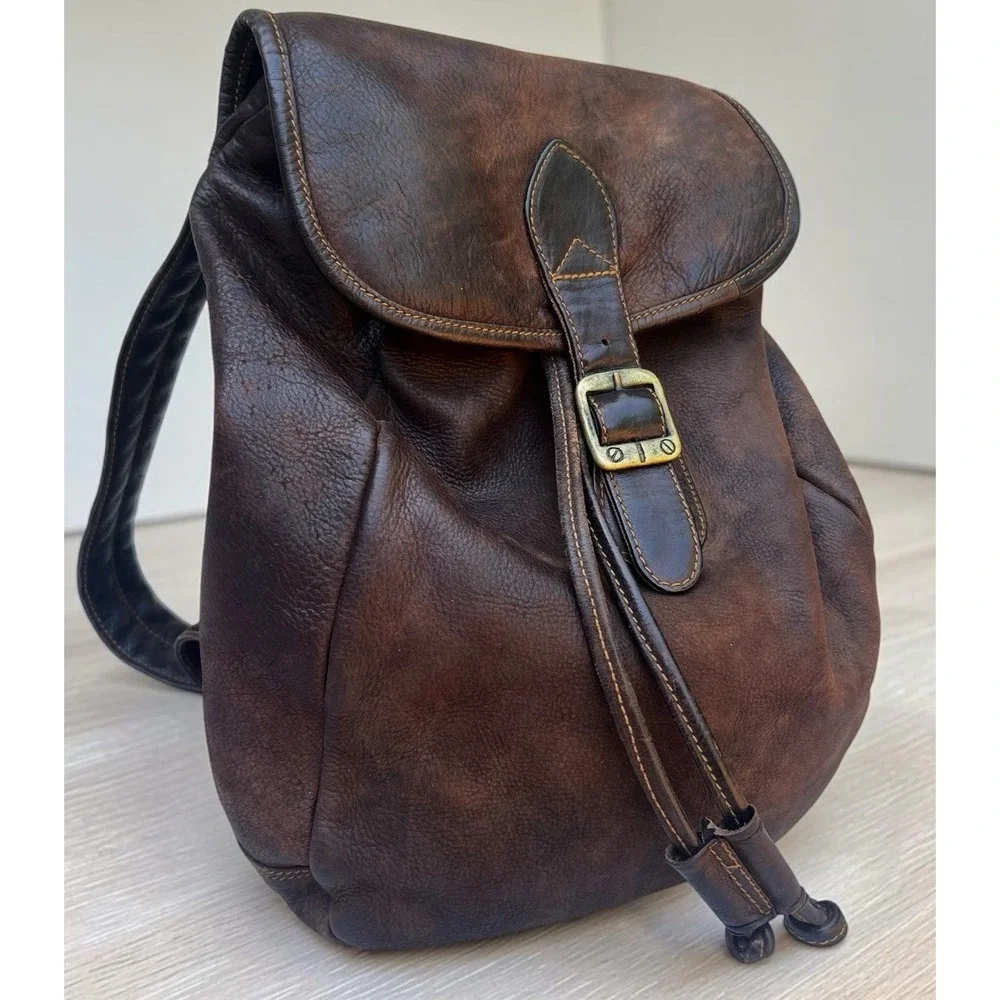 Vtg HOBO International Brown Leather Backpack Distressed Slouch Drawstring Bag